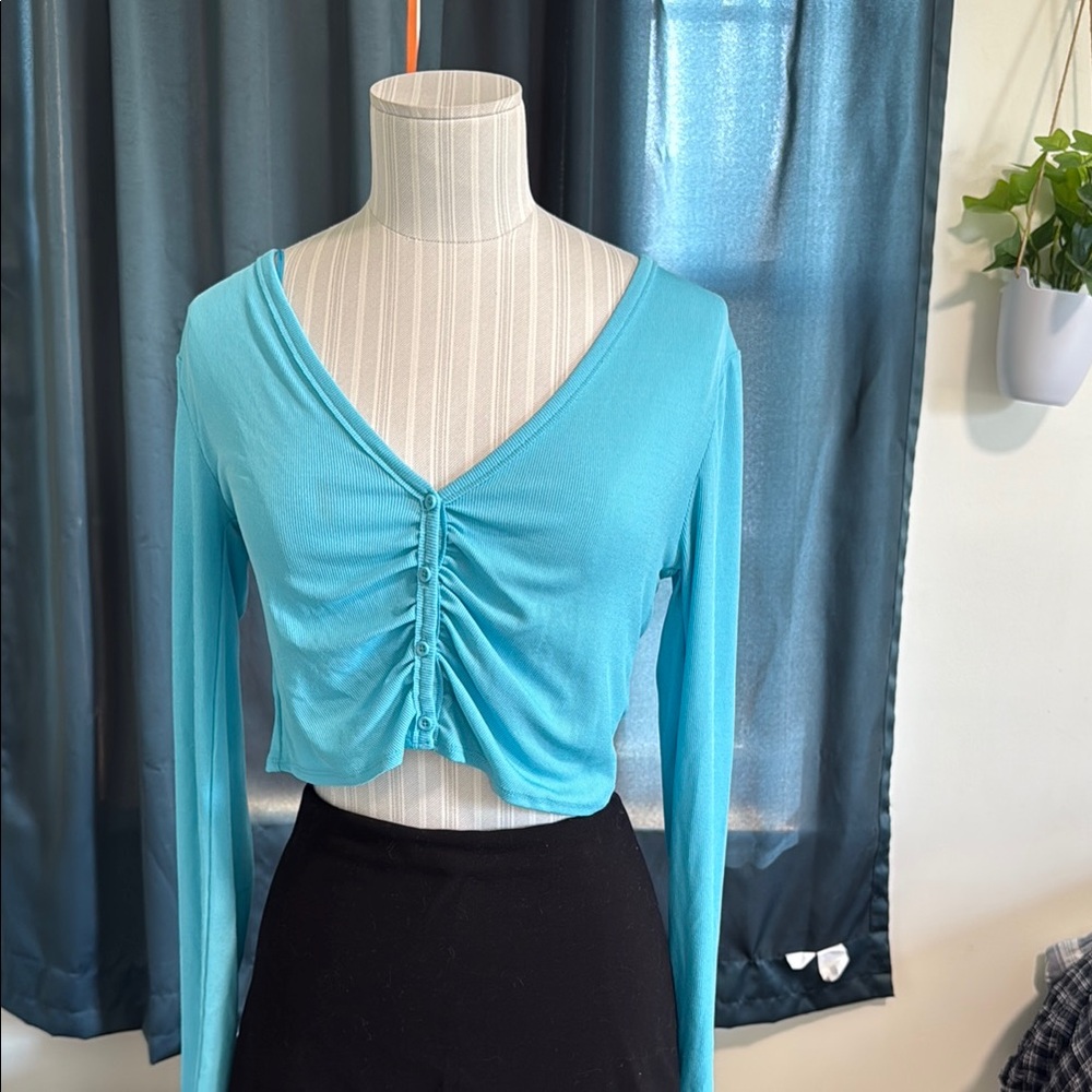 Zara Blue Ruched Crop Blouse
